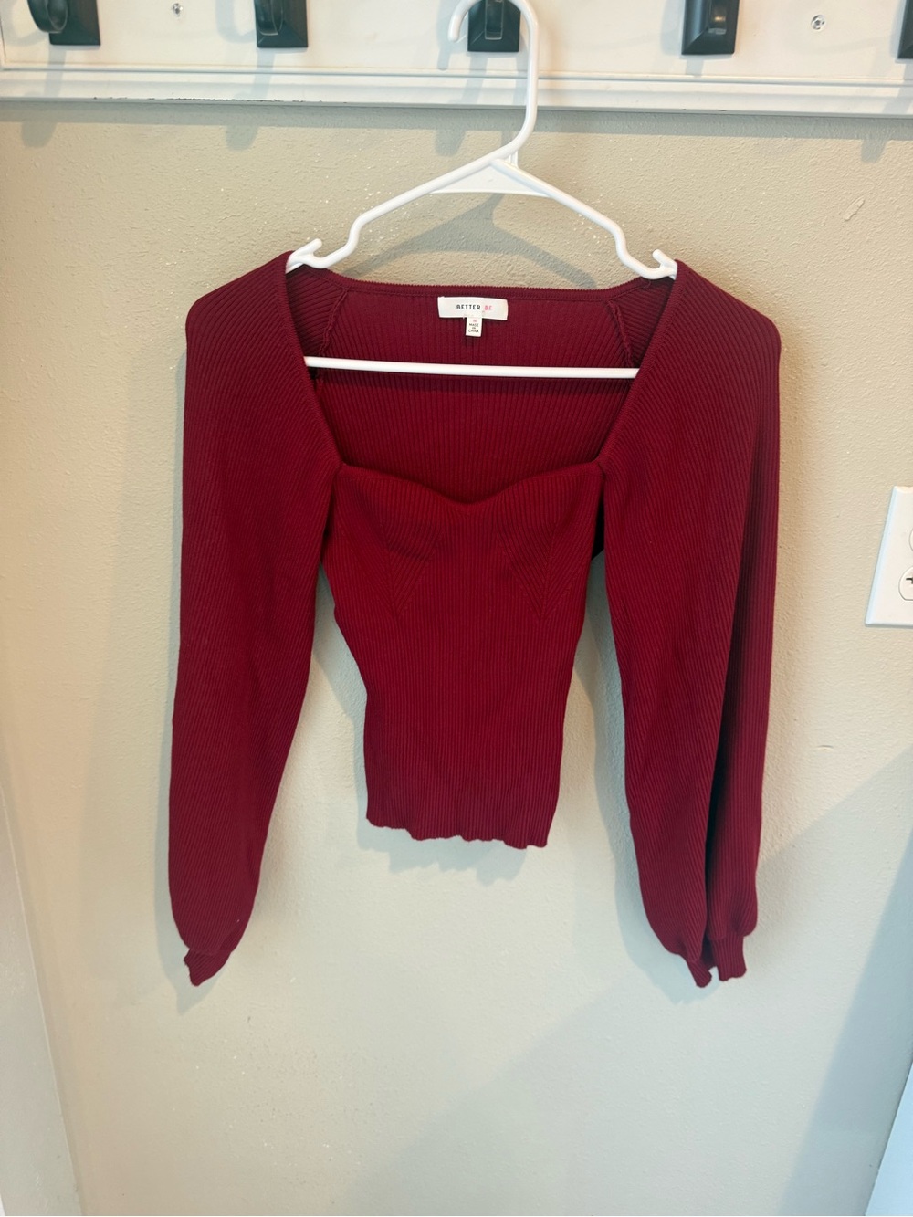 Better Be Ribbed Square-Neck Long-Sleeve Top — Burgundy